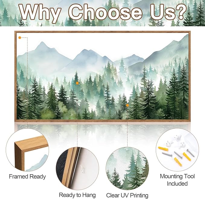 CHDITB Mountain Landscape Framed Canvas Wall Art(40"x20"), Boho Nature Forest Artwork Prints, Large Abstract Modern Green Pine Trees Art Decor for Bedroom Living Room Office