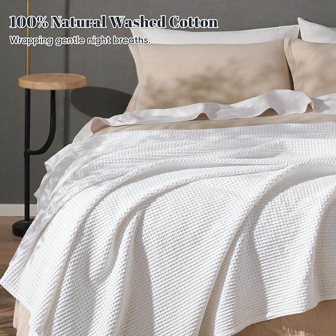 PHF Pre-Washed 100% Cotton Waffle Weave Blanket King Size for Bed,Snag Proof Throw Blanket for Couch Spring Summer Lightweight Breathable,Machine Washable, Home Decor Gift - White