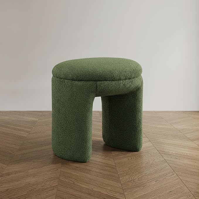Furniture of America Rami Modern 18-inch Solid Wood Upholstered Ottoman with Pedestal Base, Vanity Stool Chair, Small Foot Stool for Bedroom, Living Room, Entryway, Green
