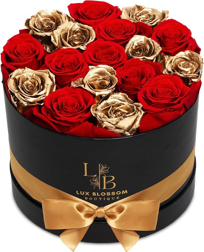 17 Forever Roses in a Box - Luxury Red & Gold Roses for Mothers Day, Gold Roses, Preserved Rose Gifts for Women, Mother's Day Flowers for Mom, Roses for Delivery Prime (Black Box)
