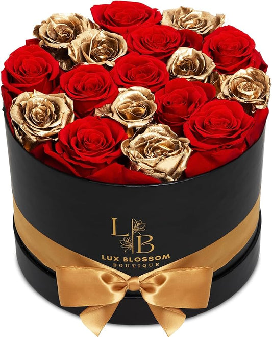 17 Forever Roses in a Box - Luxury Red & Gold Roses for Mothers Day, Gold Roses, Preserved Rose Gifts for Women, Mother's Day Flowers for Mom, Roses for Delivery Prime (Black Box)
