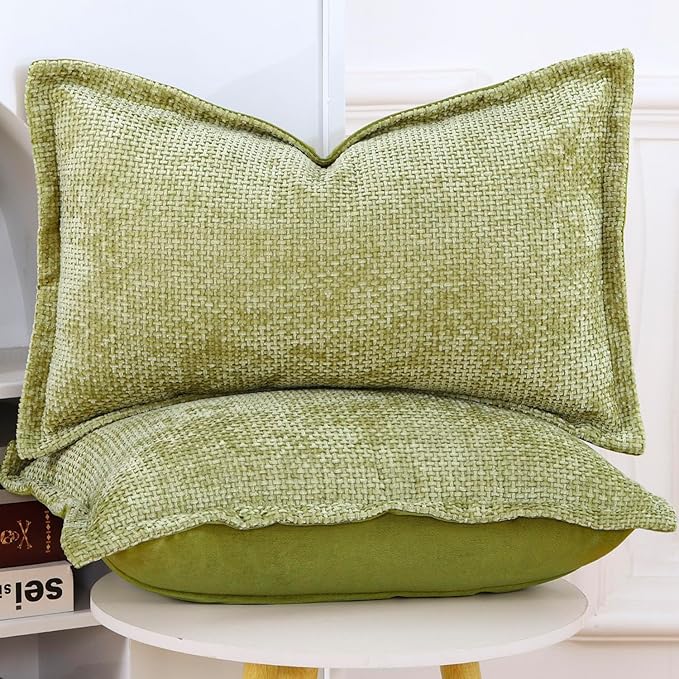 MADIZZ Decorative Chenille Velvet Throw Pillow Covers Set of 2 Soft Boho Textured Neutral Couch Throw Pillow for Bed Modern Farmhouse Home Decor for Sofa Livingroom Light Green 12x20 Inch