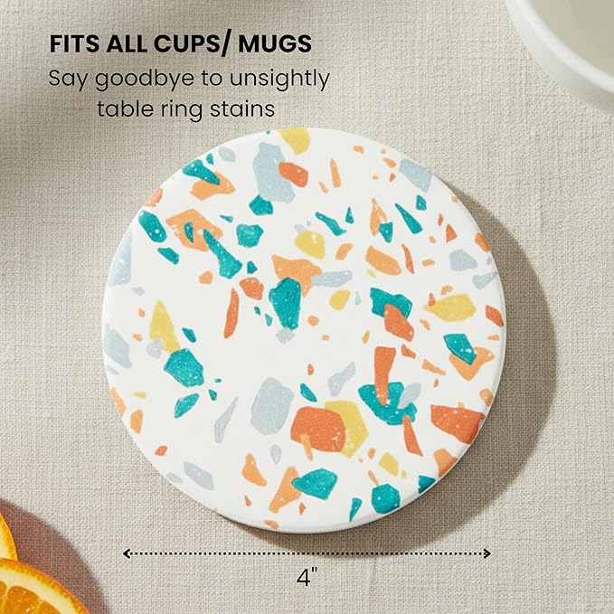 Absorbent Coaster Set of 6 with Holder, Drink Coasters for Coffee Table, Kitchen, Home Decor, Cute Ceramic Round Coasters, Alternative to Silicone, Cork or Glass Coaster (Splash)