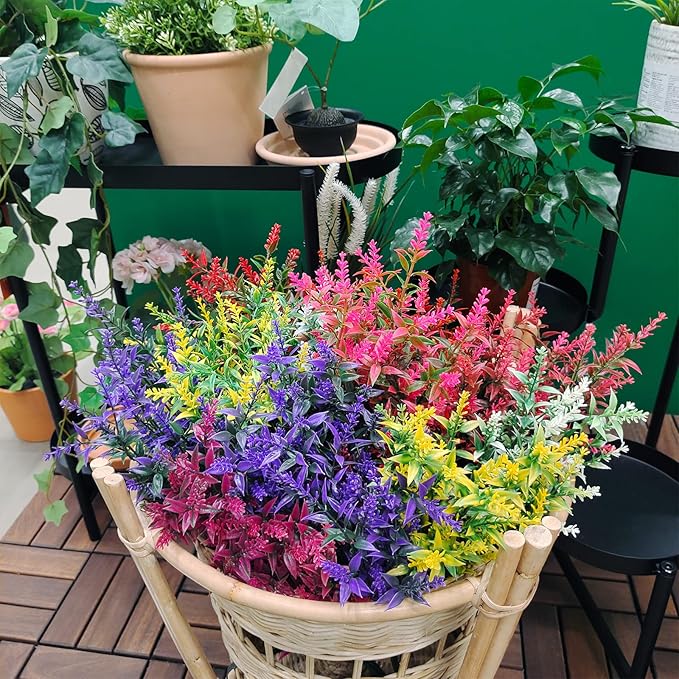 WEAUSUP 21 Bundles Faux Plants Outdoor Fake Flowers Artificial Flowers Fake Shrubs Greenery Bushes Bouquet UV Resistant Faux Bushes Plastic for Home Garden Decor (7 Colors)