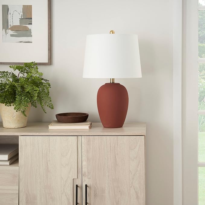 Nourison Home 23" Rust Orange Ceramic Pot Table Lamp for Bedroom, Living Room, Dining Office, with White Tapered Drum Shade