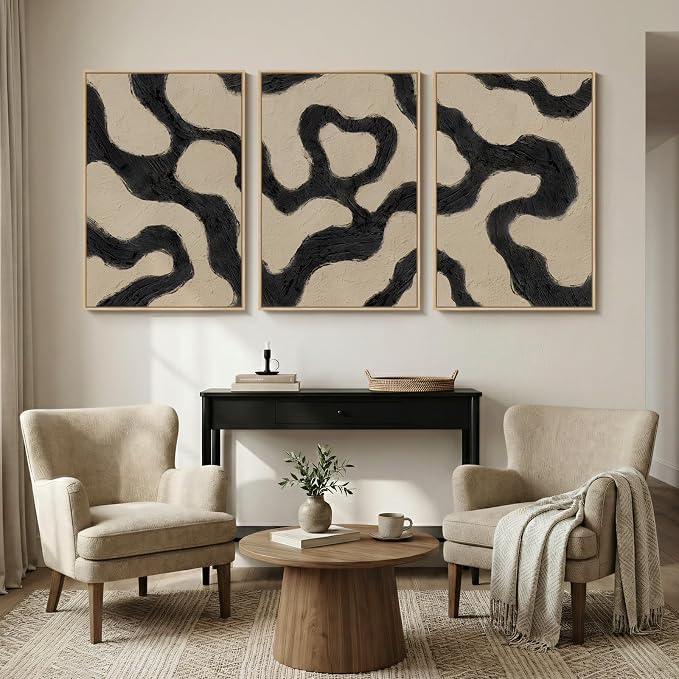 Framed Neutral Abstract Wall Art for Living Room, 3 Piece Black and Beige Mid Century Modern Painting Print, Large Line Canvas Artwork for Dining Room Bedroom Hallway Office Walls Decor, 24x36 Inch
