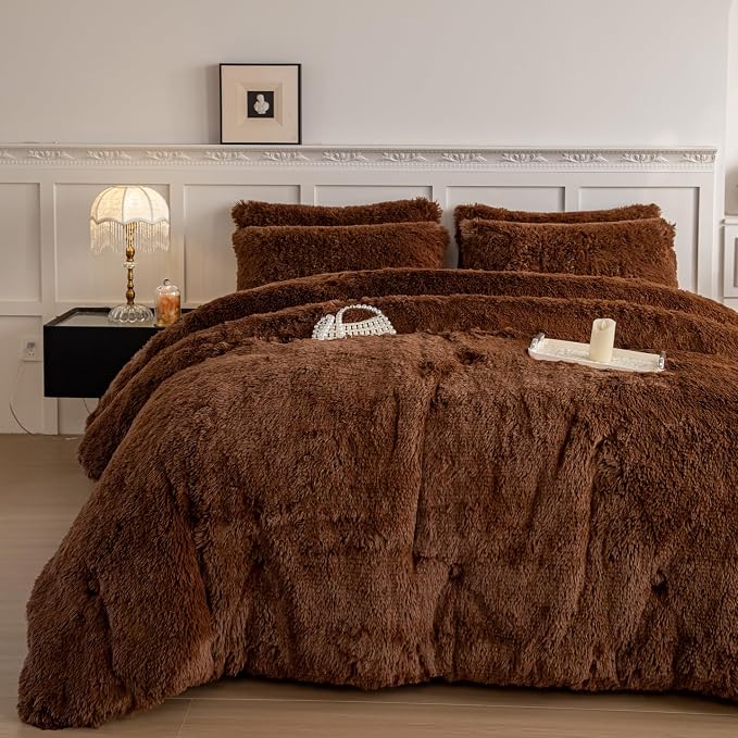 chovy Faux Fur Plush Coffee Comforter Sets Twin/Full Size - Ultra Soft Shaggy Flannel Velvet Fluffy Fuzzy 3PC Bedding Set （Comforter x 1 Pillowcases x 2）