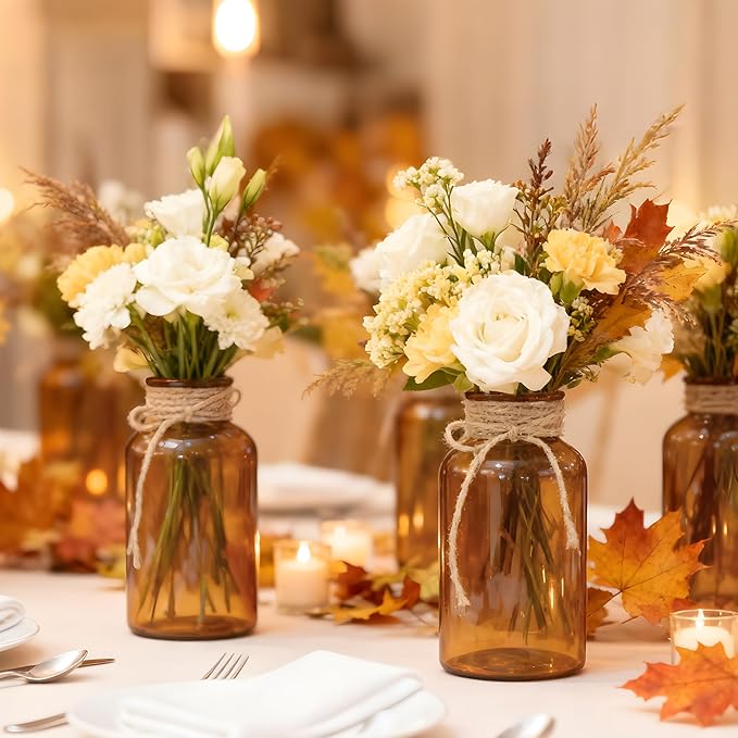 Vintage Glass Flower Vase, Farmhouse Glass Centerpiece Vases Mason Jars for Weddings, Parties & Home Decor Bulk (12, Amber)