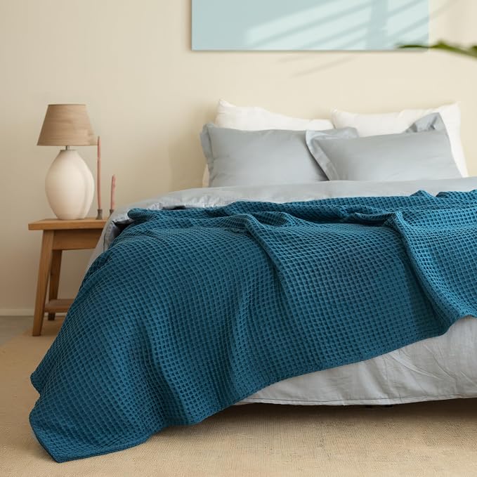 Premium Waffle Throw Blanket Twin Size Blue - Luxury, Pure 100% Turkish Cotton, Light and Airy Waffle All-Season Quilt - Luxury Decorative Bedspread (Indigo Blue, Twin 63" x 91" Inch)