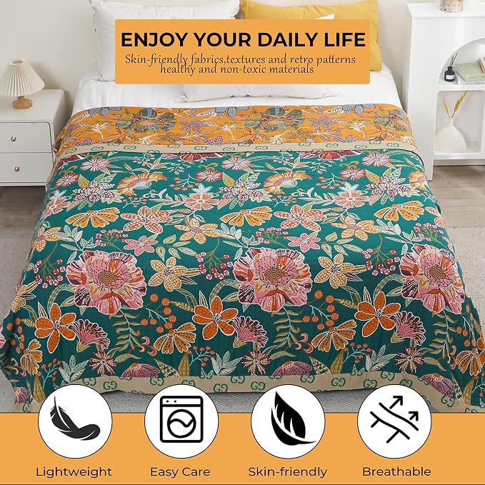 100% Cotton Boho Throw Blanket,4-Layer Gauze Woven Breathable Soft Muslin Blanket with Vintage Floral Design & Yellow/Green,Lightwight Breathable Decor Blanket, Perfect as Bed Sofa Quilt 60" x 80"