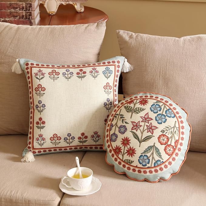 bilin gaier Designer Square Linen Throw Pillow Cover,18"x18"-Lohi B | Vintage Elegant Pillow Cover,Concealed Zipper Design,Colorful Floral Pattern,Sofas,Bedroom,Living Room,Lounge Chairs
