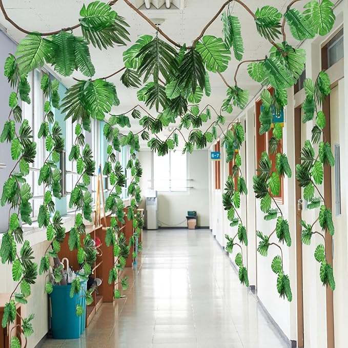 Preboun 102 Pcs 20 ft Jungle Theme Party Decorations Tropical Rainforest Leaves Safari 2026 VBS Artificial Rattan Vines Decoration with 100 Pcs Fake Tropical Palm Leaves for Indoor Outdoor Decor