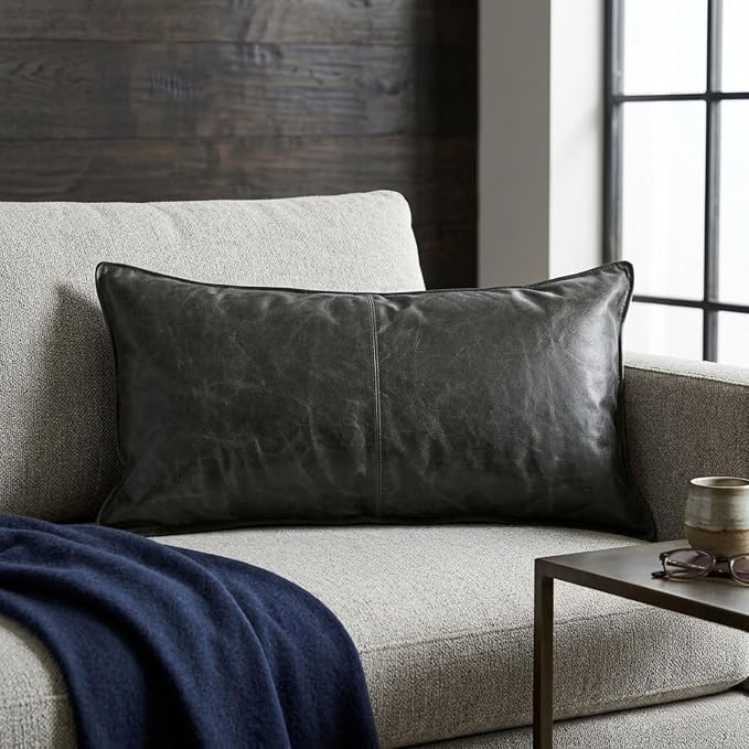 Genuine Leather Pillow Cover Case for Lumbar Throw Couch Pillows - Modern Farmhouse Decorative Sofa Thick & Soft Cushion Covers (Forest Green, 12" x 20")