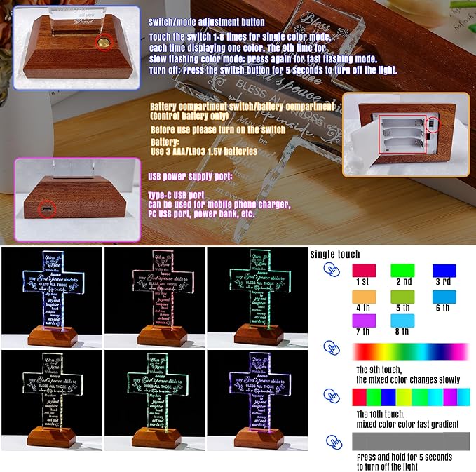 Ornalrist Housewarming Gifts New Home Glass Stand Cross Religious Keepsake with Multicolor LED Wooden Base, House Warming Gift for Couples, Women, Men - Christian Families Decor