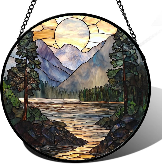 Stained Glass Window Hanging, Sunset Mountains Lake Tree Sun Catcher for Window Home Decor Landscape Suncatcher Mother's Day Birthday Gifts for Women Men Mom and Nana 6.3 in