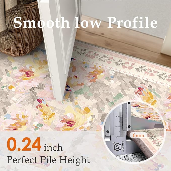 4x6 Washable Area Rug for Entryway Beige Pink Floral Abstract Soft Throw Rug Modern Non Slip Low Pile Carpet for Kitchen Bathroom Living Room Bedroom