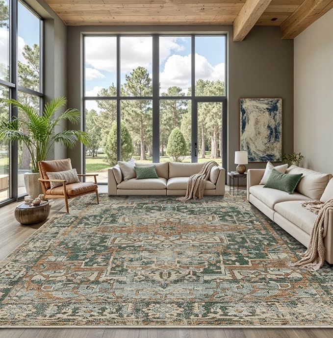 Rugxara 9x12 Area Rug for Living Room Bedroom, Extra Large Washable Rug, Green Vintage Retro Boho Rug, Non Slip & Low Pile Faux Wool Carpet for Indoor Dining Room and Kids Room(Green/Brown 9x12ft)