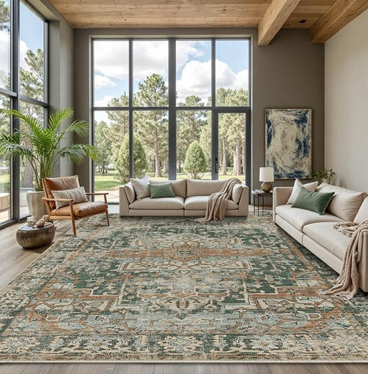 Rugxara 9x12 Area Rug for Living Room Bedroom, Extra Large Washable Rug, Green Vintage Retro Boho Rug, Non Slip & Low Pile Faux Wool Carpet for Indoor Dining Room and Kids Room(Green/Brown 9x12ft)