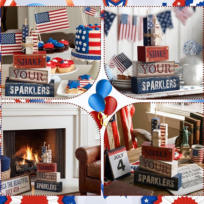CroBlissful 4 Pcs 4th of July Decorations Patriotic Memorial Day Tabletop Decorations Red White Blue Table Centerpieces Sign for Office Tiered Tray Home Shelf 250th Anniversary(Shake)