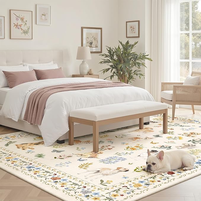 Soalmost Dog 6x9 Area Rugs for Living Room, Machine Washable Animal Floral Vintage Rug Non-Slip Low Pile Soft Throw Rugs for Bedroom Dining Room Kitchen Nursery Playroom (6 x 9,Beige)