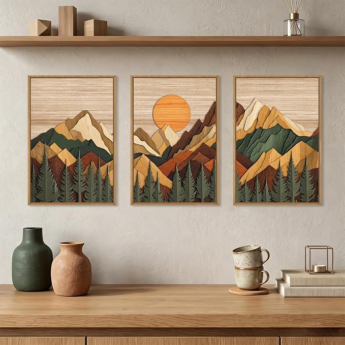 Celestdeco Large Woodcut Style Mountain Framed Canvas Wall Art Set, Woodsy Rustic Ridge Wall Decor, Boho Pine Tree Forest Wall Painting, Abstract Sunrise Wooden Art Print for Living Room, Bedroom, Office - 16"X24"X3 (Not-3D Effect)