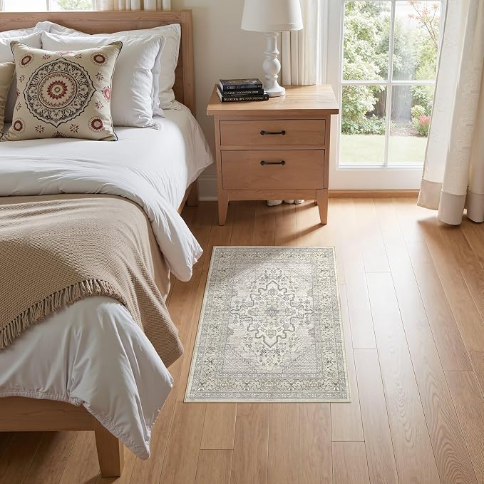 Tortania Area Rug 2x3 Doormat - Washable Vintage Oriental Farmhouse Soft Thin Indoor Carpet for Living Room Bedroom Hallway Entryway Kitchen - Beige Linen