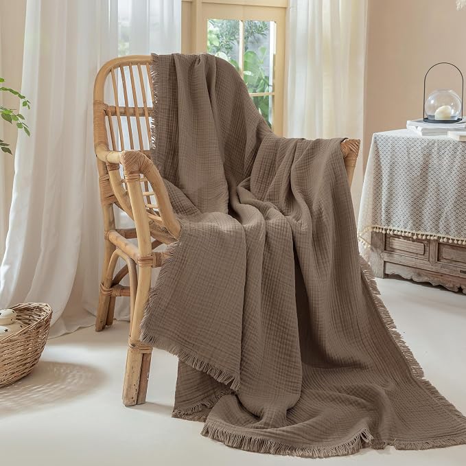 Muslin Fringe Blankets for Adults: 100% Cotton Cloud Soft | 4-Layer Gauze Breathable Lightweight All Season Throw Blanket for Bed Couch Sofa Office
