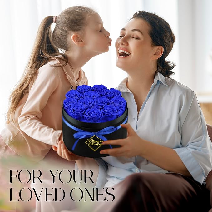 GLAMOUR BOUTIQUE Flowers Forever Gift Box, 12 Real Preserved Roses in Velvet Black Box, Floral Gift for Wife, Mom or Her for Birthday, Mother’s Day, Anniversary or Graduation, Blue (Color-Treated)