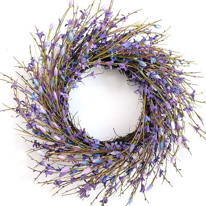Bibelot 18inch Artificial Forsythia Flower Wreath, All Year Around Wreath for Front Door, Wedding Window Home Wall Indoor Front Door Decor (Purple, 18in)