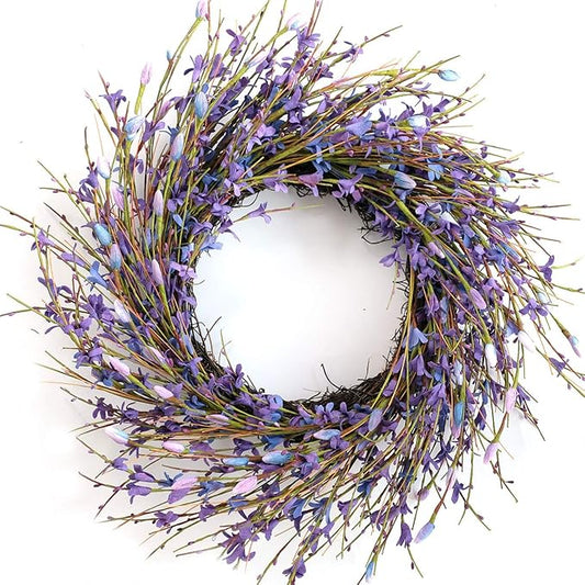 Bibelot 18inch Artificial Forsythia Flower Wreath, All Year Around Wreath for Front Door, Wedding Window Home Wall Indoor Front Door Decor (Purple, 18in)