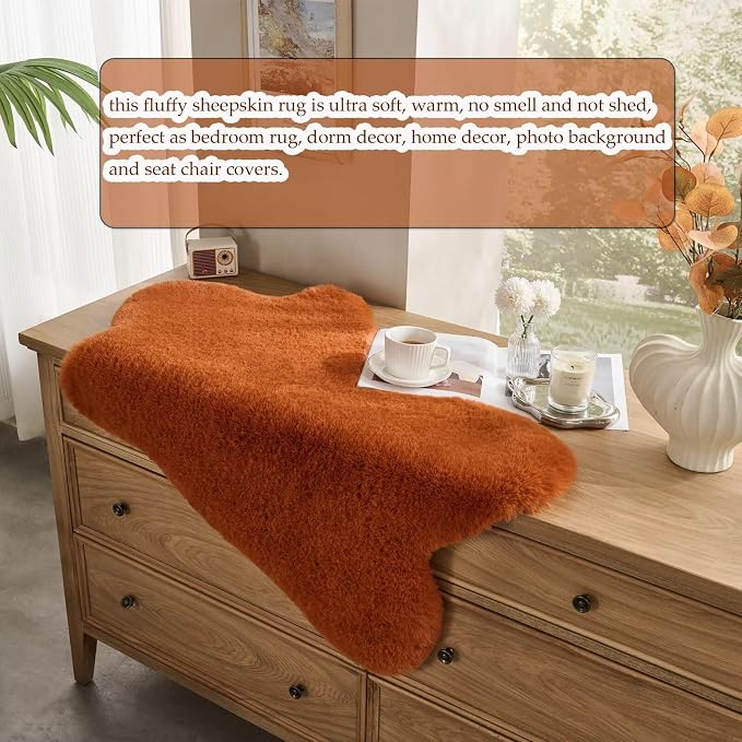 1700GSM Fuzzy Faux Sheepskin Fur Area Rug,Extra Soft Faux Fur Mat,Fluffy Shaggy Fur Rug for Bedroom Living Bedside Rug Room Decor-Burnt Orange, 2 x3 ft