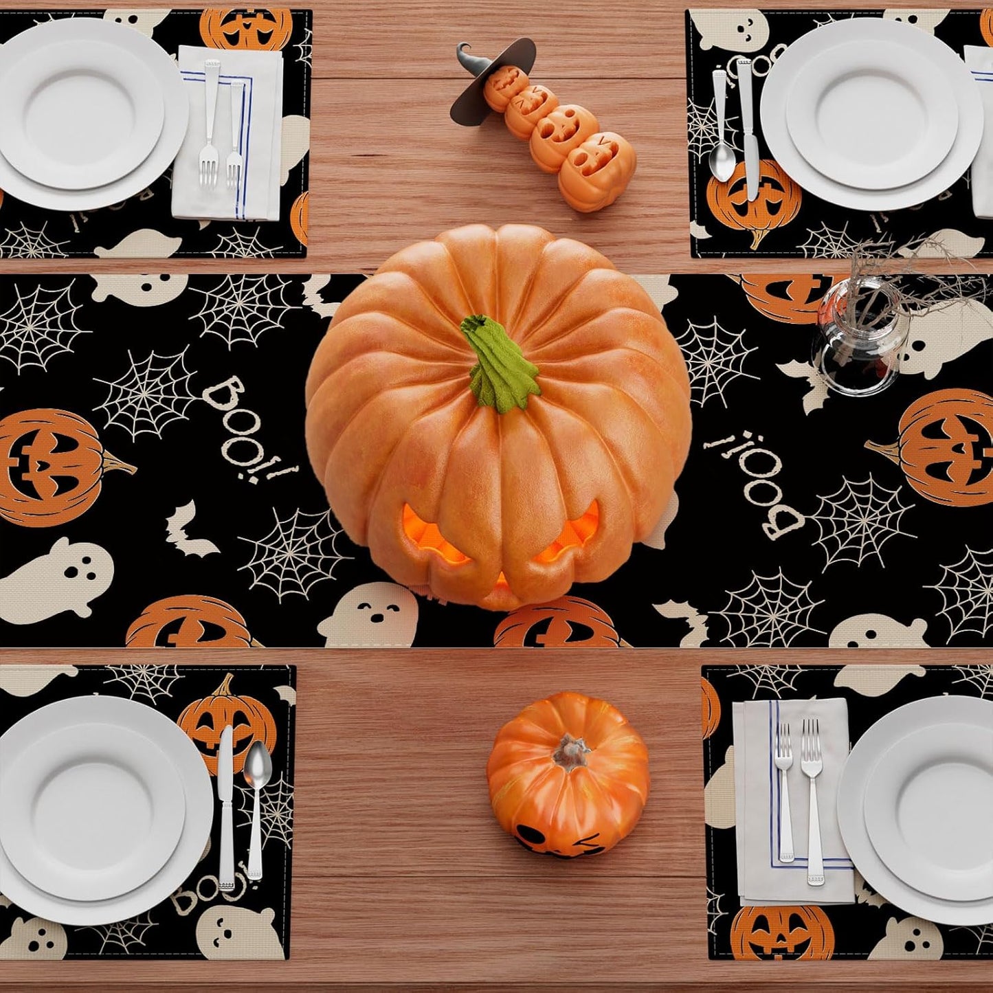 XCHI Boo Spooky Ghost Pumpkin Halloween Table Runner Burlap Table Decoration for Home Kitchen Dining Dinner Indoor Holiday Farmhouse Decor 13x48 Inch