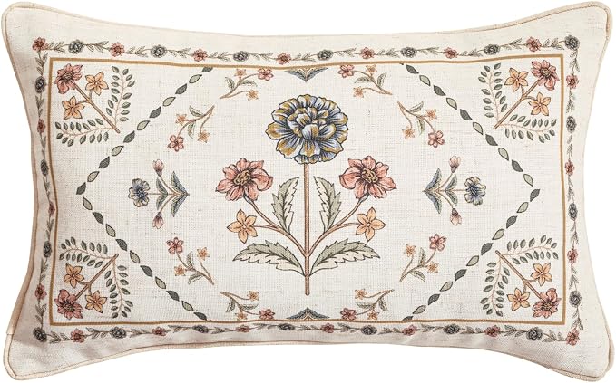 ISAENNE Designer Vintage Linen Throw Pillow Cover,20"x12"-Cornucopia B | Elegant French Rectangle Pillow Cover,Concealed Zipper Design,Floral Pattern,Sofas,Bedroom,Living Room,Lounge Chairs