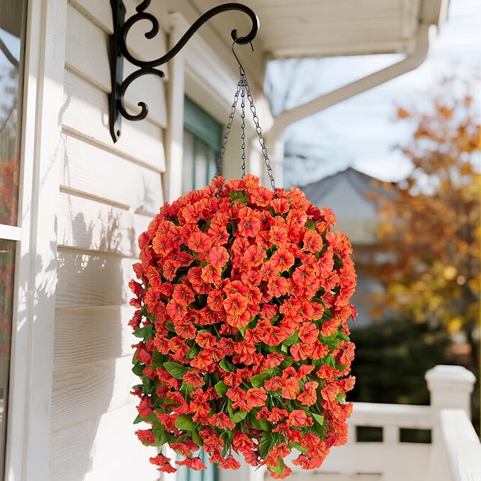 Ammyoo Artificial Faux Hanging Flowers Basket for Fall Outdoor Porch Decor, Fake Silk Colorful Morning Glory Eucalyptus in Planter UV Resistant Look Real for Home Balcony Yard(Orange)