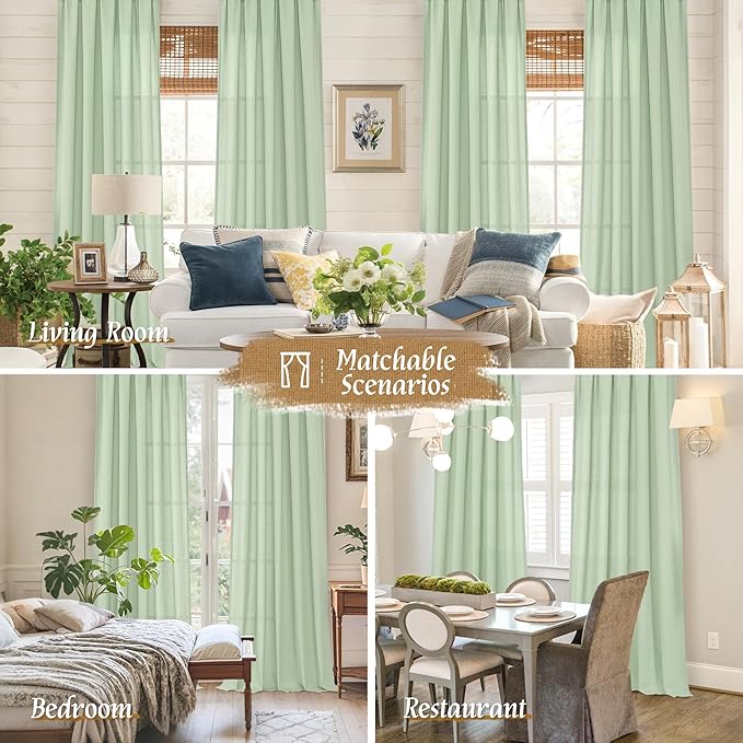 LAMIT Linen Curtains 84 inches for Bedroom, Faux Linen Textured Light Filtering Drapes Rod Pocket Boho Semi Sheer Panels for Farmhouse/Living Room, 2 Panels, 52 x 84 Inch, Light Green