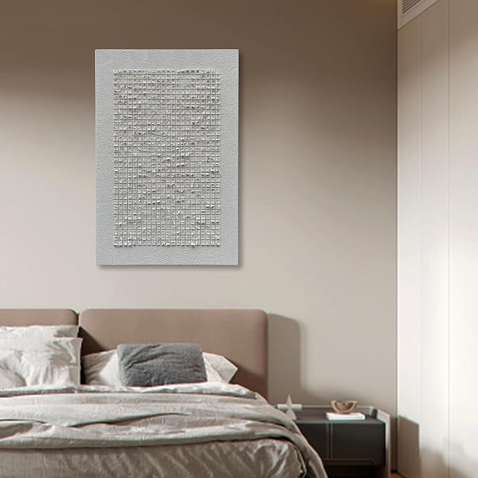 NANKAI Art Hand-Painted White Three-Dimensional Grid Texture Art, Modern Abstract Oil Painting, Minimalist Home Wall Decoration Art 45x30 inches