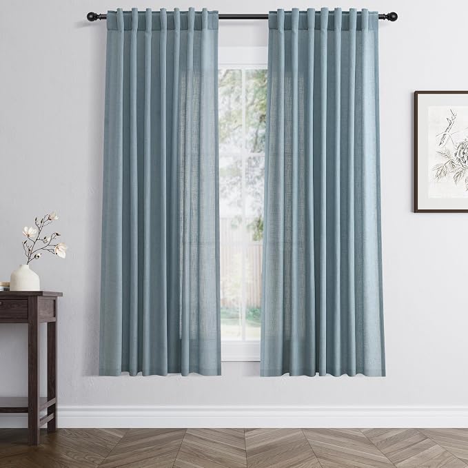 Jowels Blue Linen Curtains 63 Inch Long 2 Panels for Living Room | Light Filtering Semi Sheer Curtain, Back Tab Pocket Pleated Look, Boho Farmhouse Textured Privacy Drapes for Bedroom Window