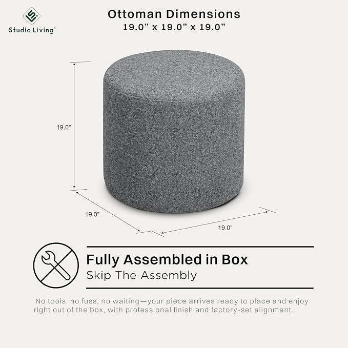 Studio Living Wentworth 19" Round Ottoman, Urban Transitional, Fully Assembled, Faux Sherpa Fabric, Gray