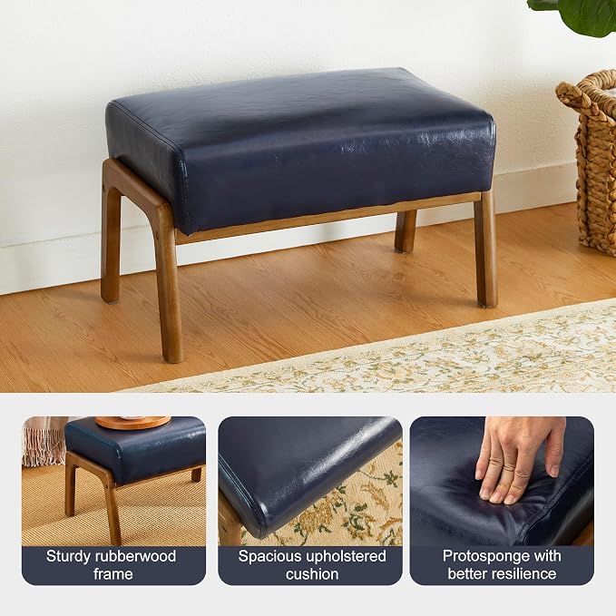 Glitzhome Foot Stool Pack of 2, Leatherette Wooden Step Stool, Modern Rectangle Ottoman Wide Vanity Stool with Cushion for Couch Living Room Bedroom Entryway, Navy Blue