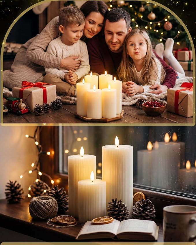 VIHOSE 6 Pack Lvory White Flameless Candles Set with Remote and Timer Flickering Flameless Battery Candles Flat Top LED Pillar for Wedding Outdoor Festival Decoration(Striped, D 3'' H 6'' 7'' 8'')