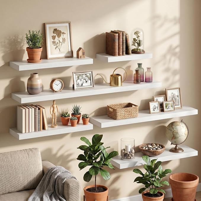 Fun Memories 55Inch Long Floating Shelves, 8 Inch Deep Shelves for Bedroom|Living Room, Wall Mounted Wood Hanging Shelf with Invisible Brackets for Fireplace Mantel Home Storage Decor, White - 2 Pack