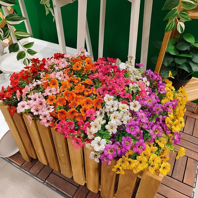 WEAUSUP 28 Bundles Artificial Plants & Flowers Silk Fake Flowers UV Resistant Bushes Plastic Artificial Flowers Faux Outdoor Indoor Plants for Spring Summer Patio Decorations(7 Colors)