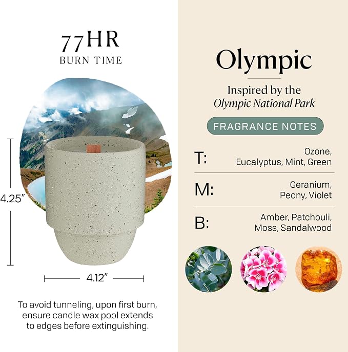Paddywax Parks, Olympic Scented Candle in Reusable Ceramic Jar with Crackling Wood Wick, Soy Candle with Approx. 77 Hour Burn Time, Decorative Gift Candles for Home, Moss & Mint Scent, 11 oz