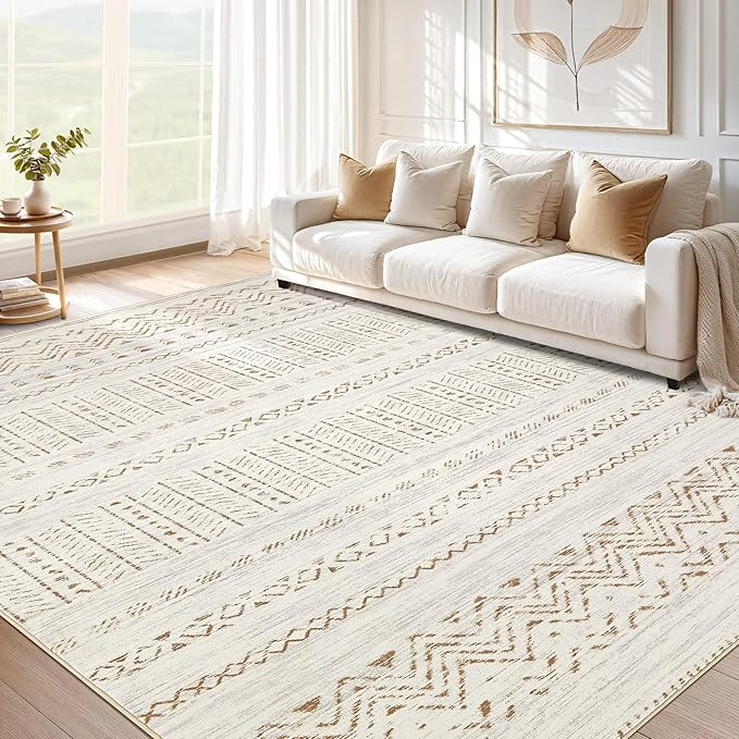 cotiled 12x15 Area Rug Living Room: Washable Boho Rugs with Non Slip Backing Large Soft Indoor Stain Resistant Carpet for Bedroom Farmhouse Dining Room Lightweight Home Decor Brown/Cream