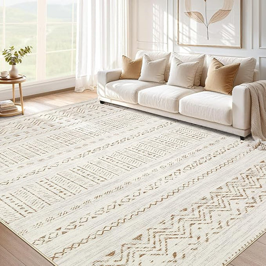cotiled 12x15 Area Rug Living Room: Washable Boho Rugs with Non Slip Backing Large Soft Indoor Stain Resistant Carpet for Bedroom Farmhouse Dining Room Lightweight Home Decor Brown/Cream