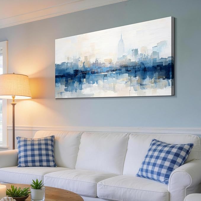 Acocifi NY Skyline Wall Art Abstarct Cityscape Canvas Painting 40"x20" | new york print for living room blue white NYC picture artwork framed for bedroom office home hallway wall decoration
