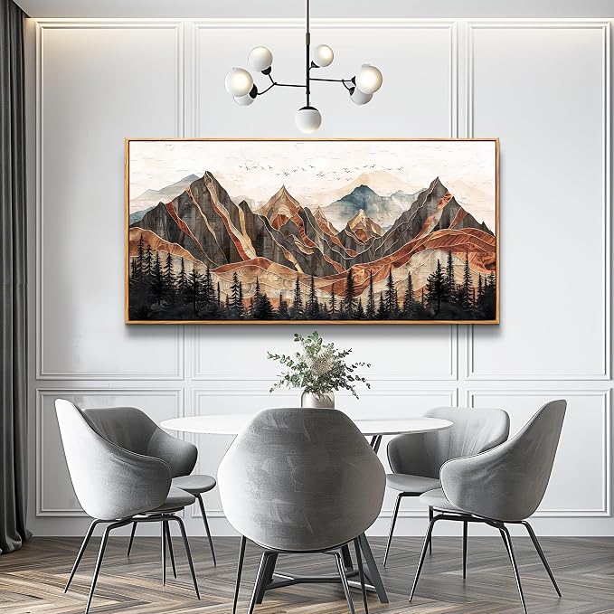 XIGUANGART Framed Boho Landscape Large Wall Art, Abstract Sun Mountain Canvas Wall Decor Painting, Modern Forest Botanical Aesthetic Poster Print Picture for Living Room Bedroom Home Office 30x60 Inch