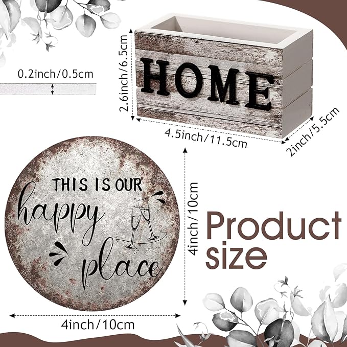 Queekay Coasters Set of 6 House Warming Gifts New Home Wooden Farmhouse Drink Coasters with Holder 4'' Funny Decoration for Kitchen Family Coffee Bar Tabletop Protection(Rust Color)