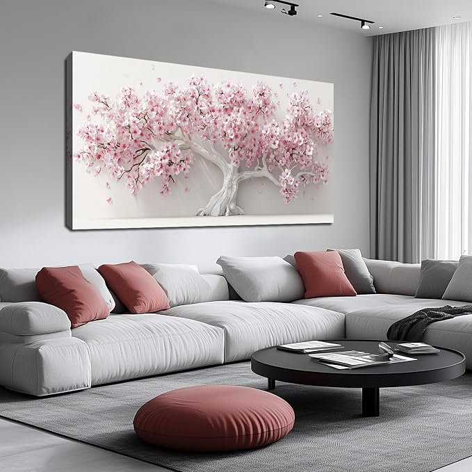 AOZEMI White Wall Art for Living Room Bedroom Home Office Pink Wall Decor Large Tree Pictures Art Flower Artwork Modern Floral Canvas 29"x 59"