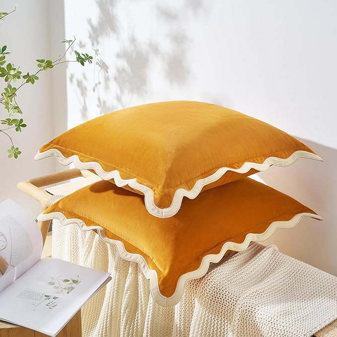 MONDAY MOOSE Decorative Throw Pillow Covers Cushion Cases, Set of 2 Soft Velvet Scalloped Wavy Edge Designs, Mix and Match for Home Decor, Pillow Inserts Not Included (16x16 inch, Cream/Honey)